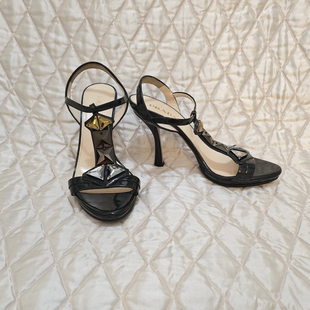 Prada Black Patent Leather Sandals with Embellishments